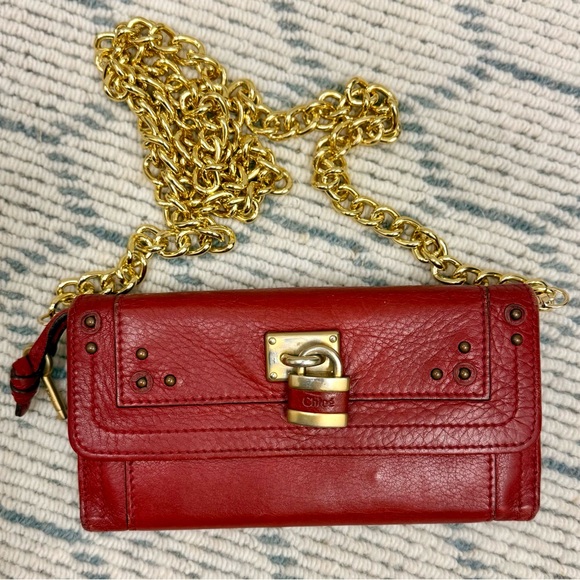 CHLOE Y2K Vintage Paddington Red Leather Bi-Fold Long Wallet W/ Added Crossbody - Picture 2 of 16